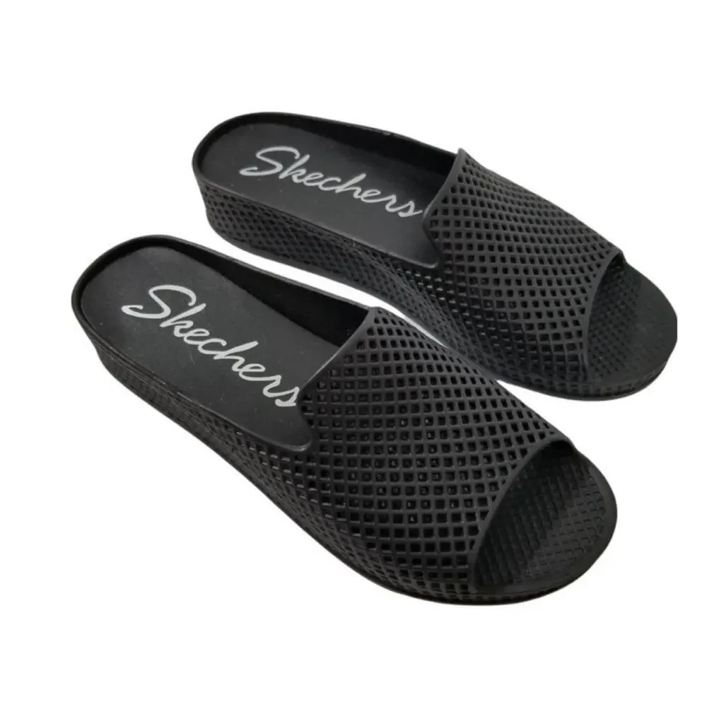 Skechers Cali Glitz Black‎ Open Toe Perforated Eyelet Slip On Wedge Sandal 9